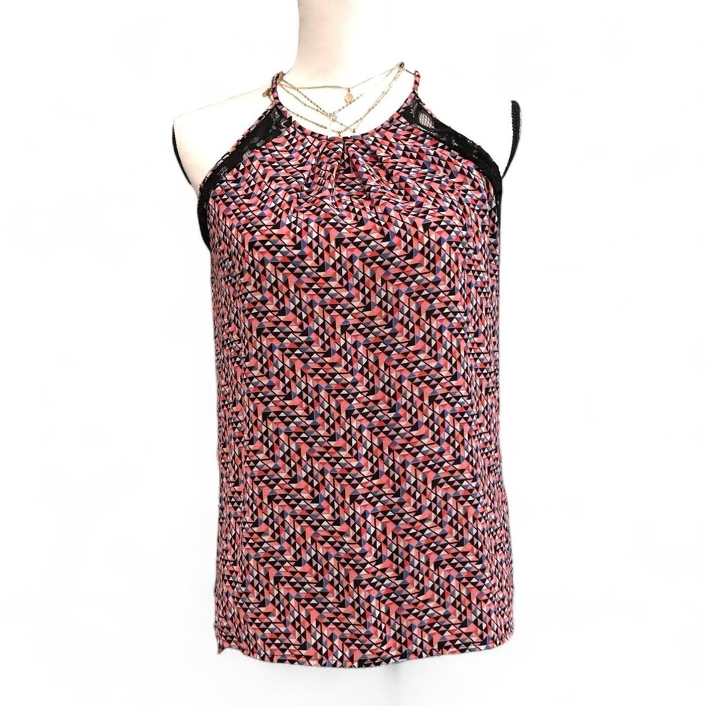 Candie's pink, black, and white geometric pattern halter top in a S